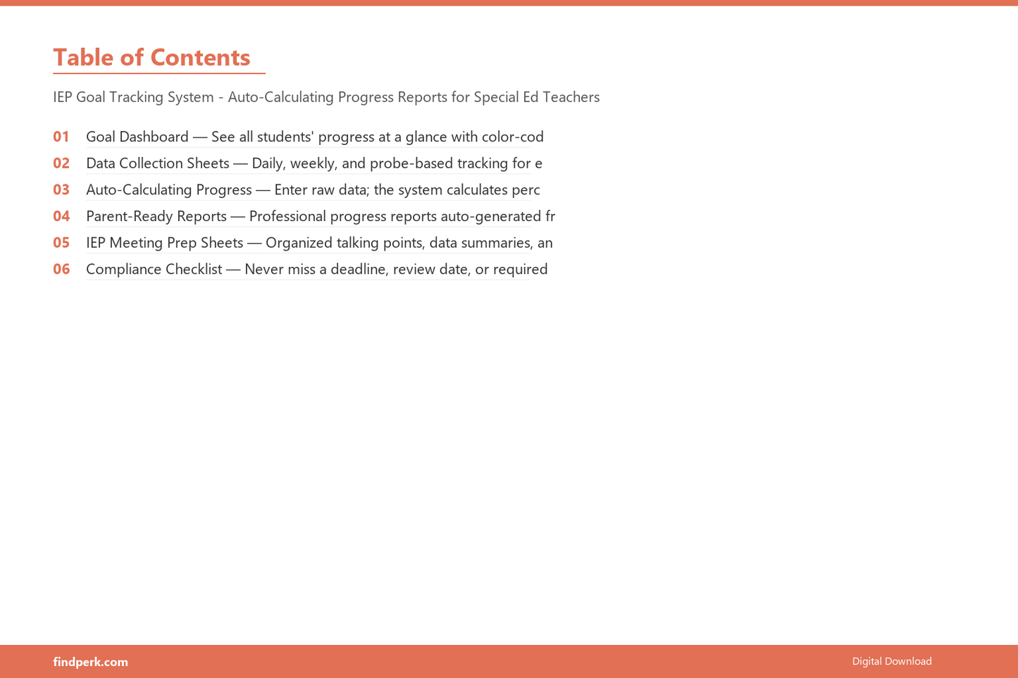 IEP Goal Tracking System - Auto-Calculating Progress Reports for Special Ed Teachers - Table of Contents