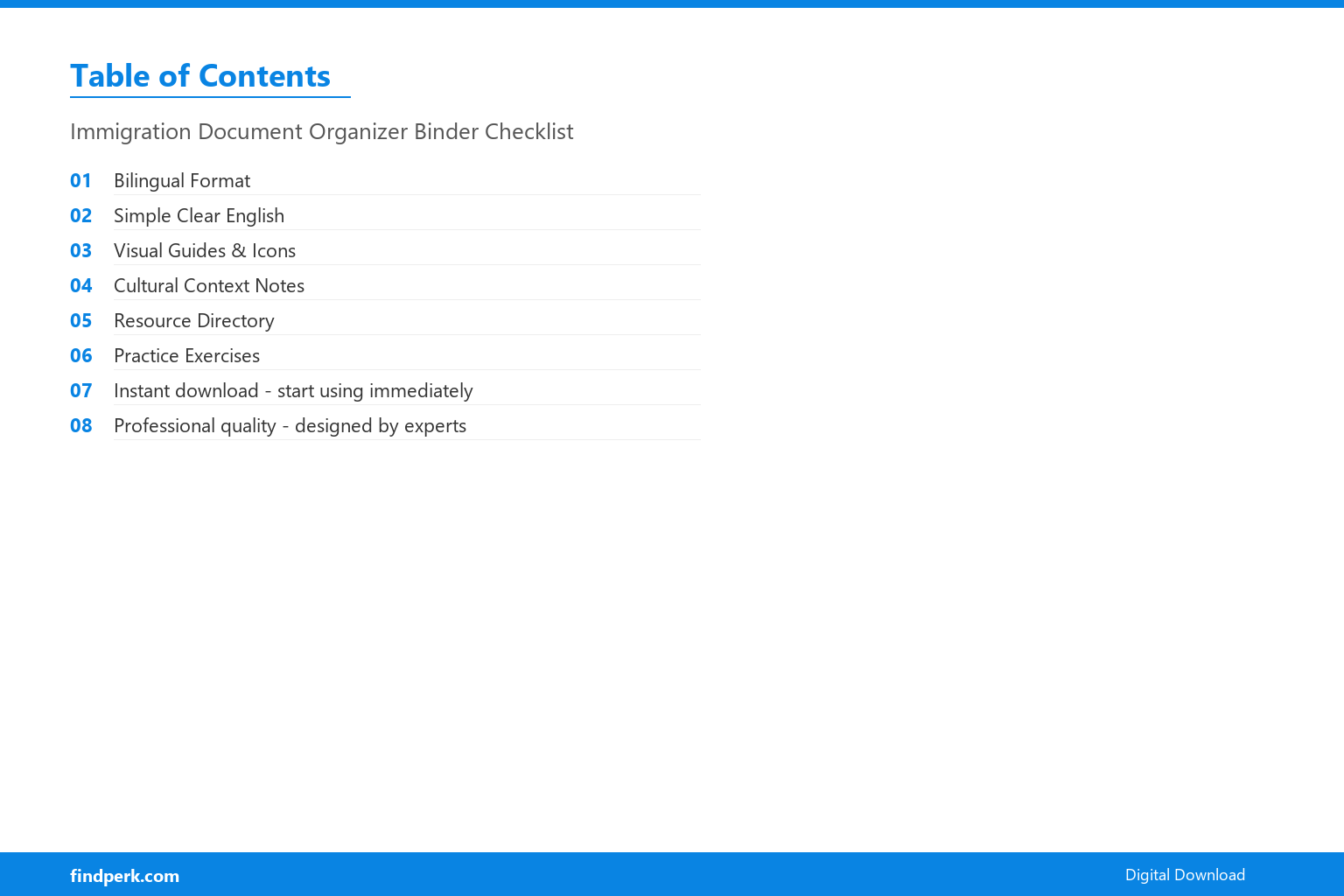 Immigration Document Organizer Binder Checklist - Table of Contents