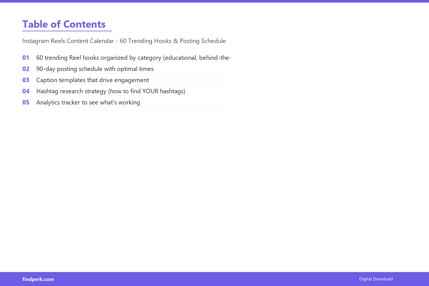 Instagram Reels Content Calendar - 60 Trending Hooks & Posting Schedule - Table of Contents