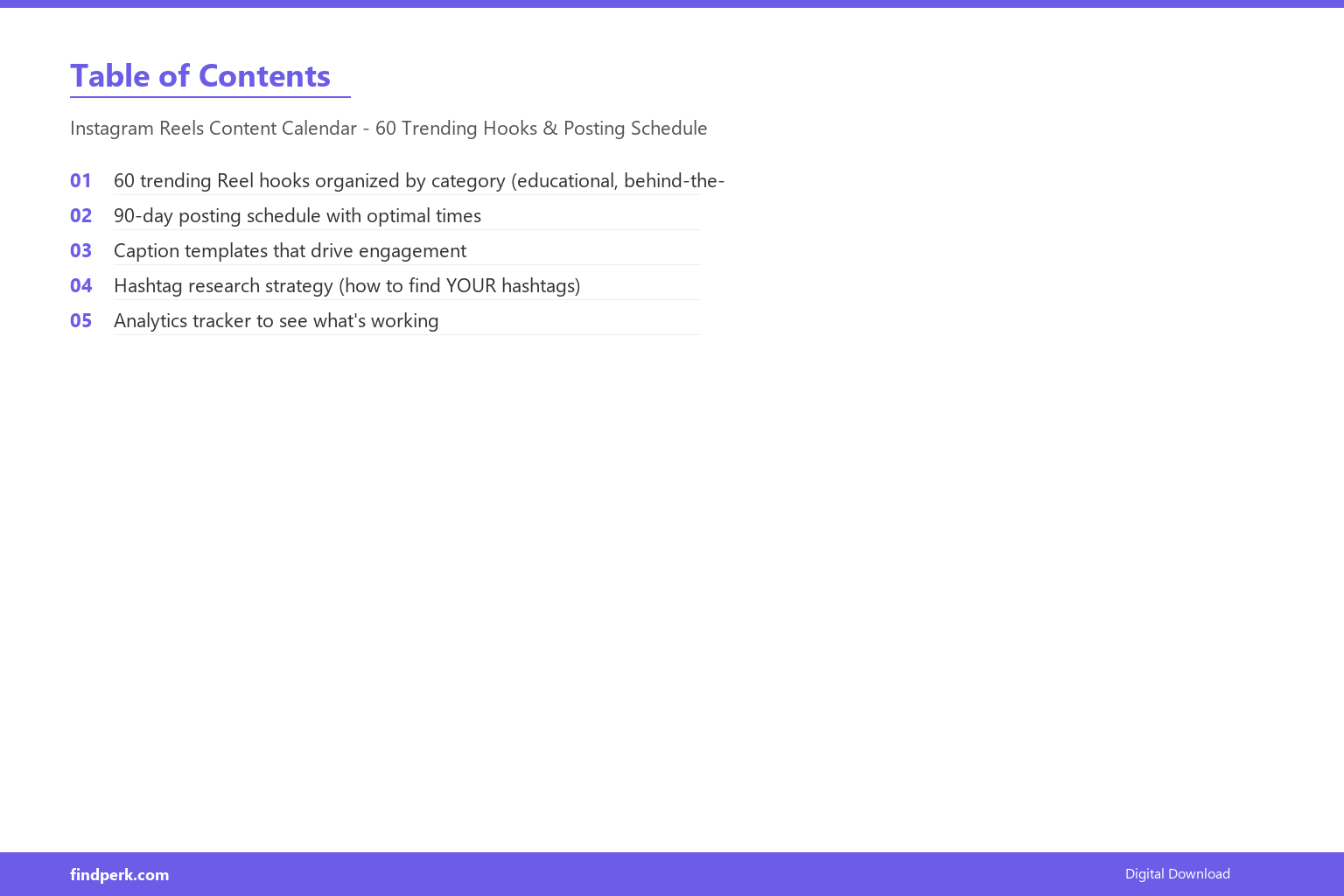 Instagram Reels Content Calendar - 60 Trending Hooks & Posting Schedule - Table of Contents