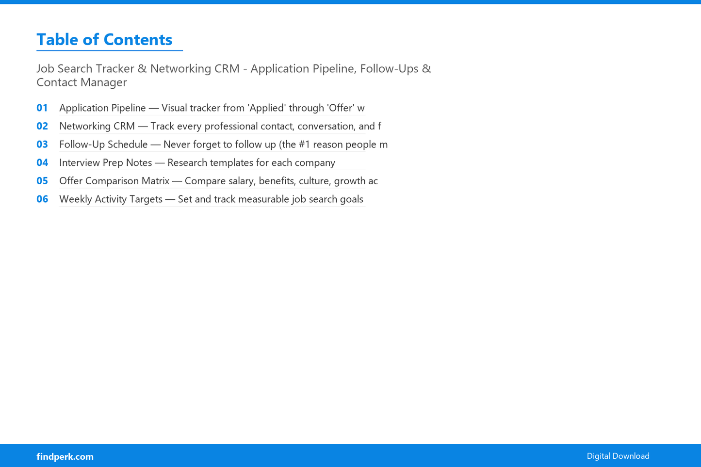 Job Search Tracker & Networking CRM - Application Pipeline, Follow-Ups & Contact Manager - Table of Contents