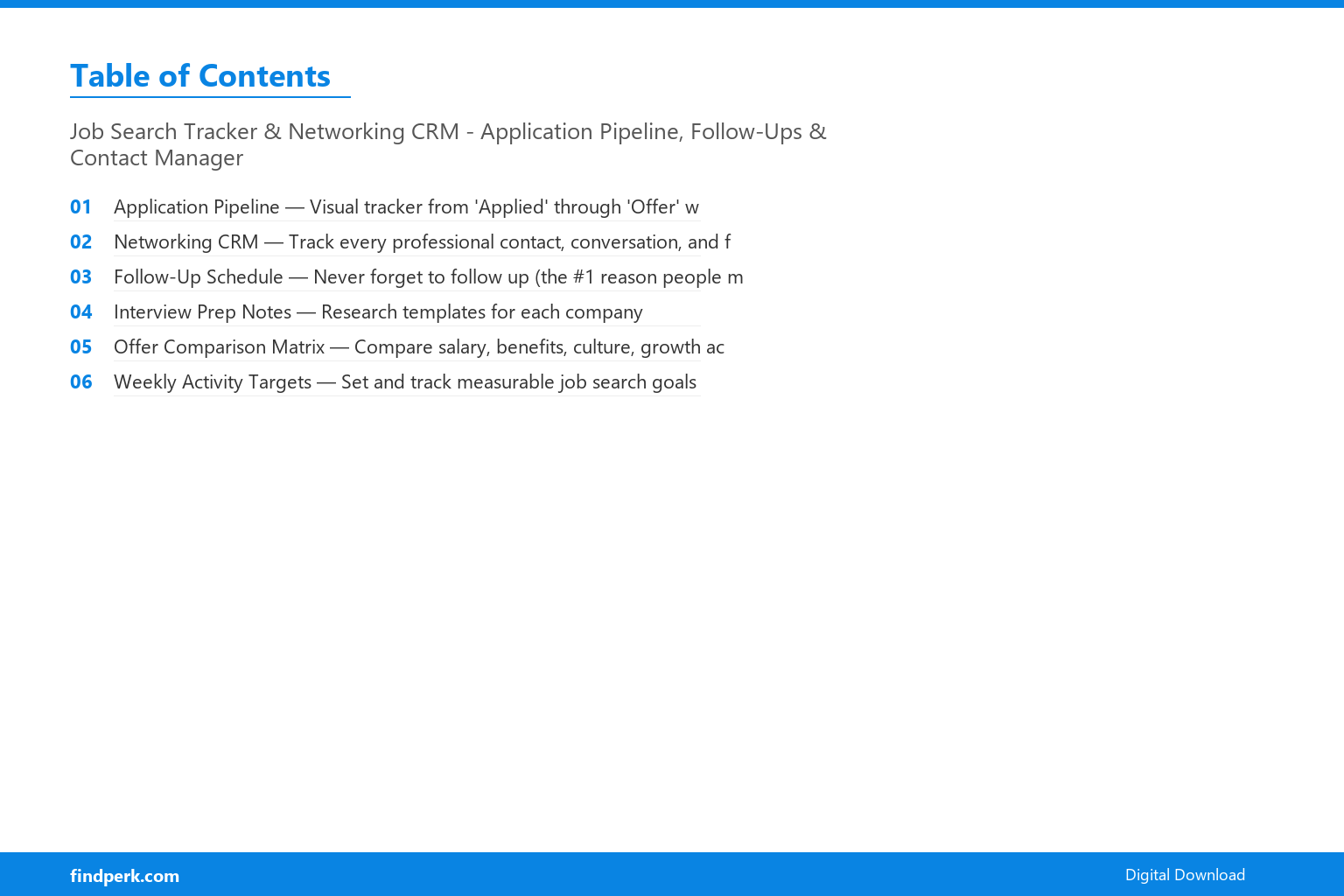 Job Search Tracker & Networking CRM - Application Pipeline, Follow-Ups & Contact Manager - Table of Contents