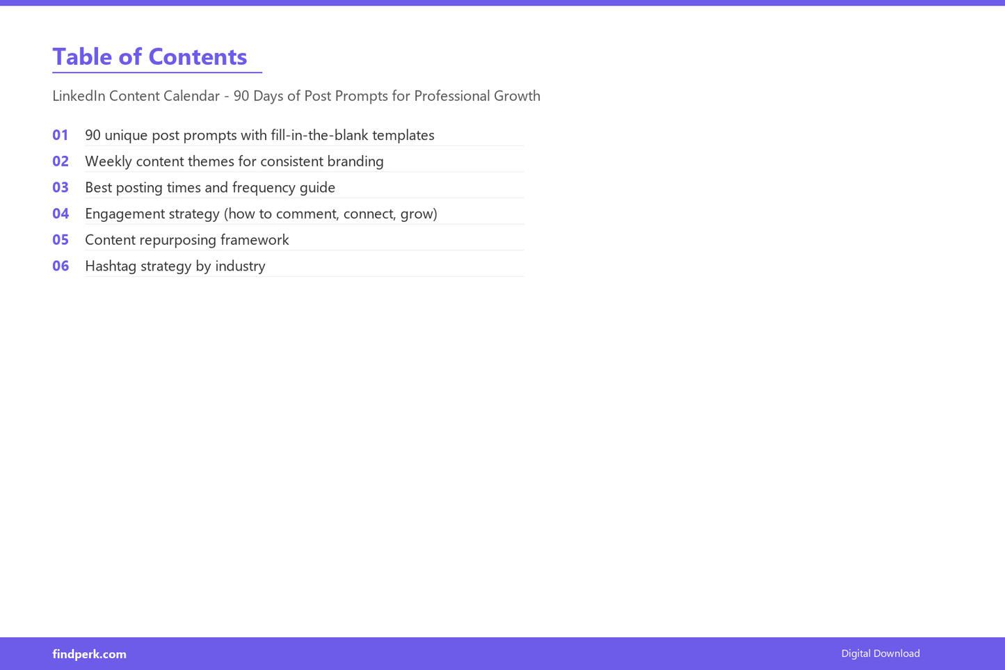 LinkedIn Content Calendar - 90 Days of Post Prompts for Professional Growth - Table of Contents