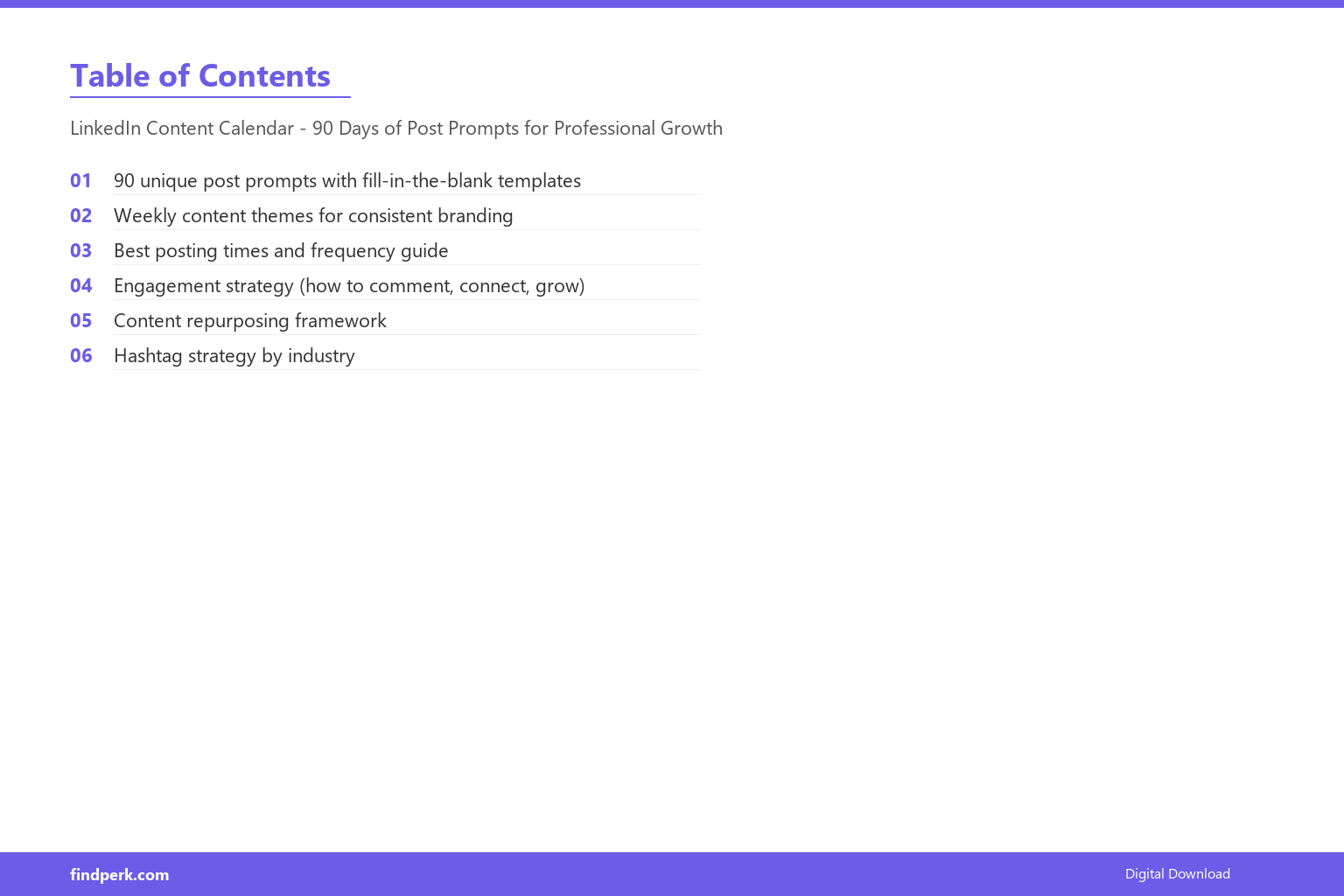 LinkedIn Content Calendar - 90 Days of Post Prompts for Professional Growth - Table of Contents
