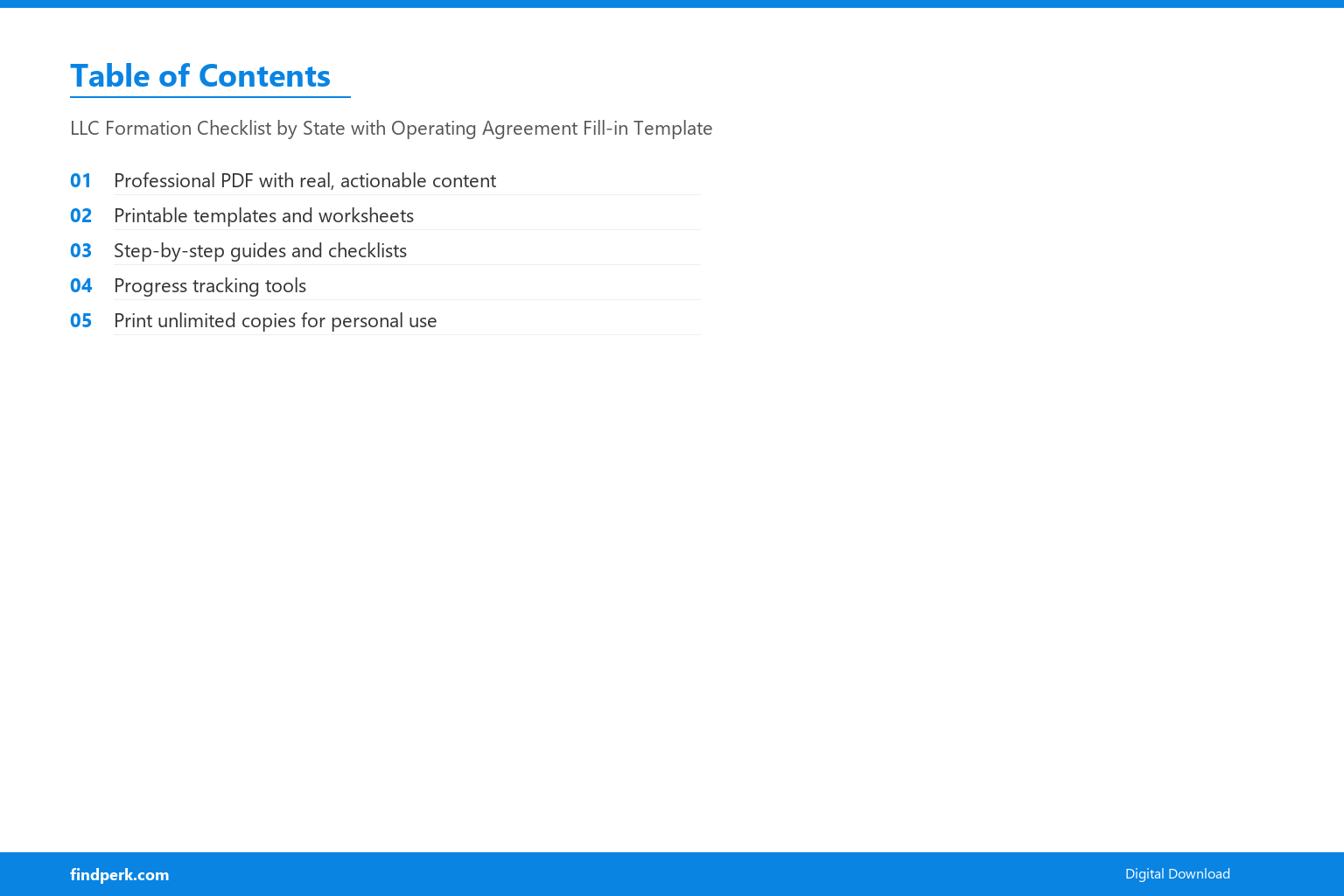 LLC Formation Checklist by State with Operating Agreement Fill-in Template - Table of Contents