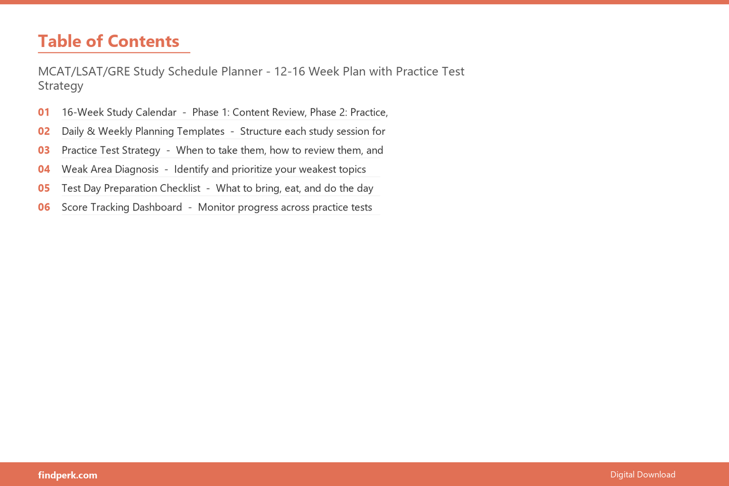 MCAT/LSAT/GRE Study Schedule Planner - 12-16 Week Plan with Practice Test Strategy - Table of Contents