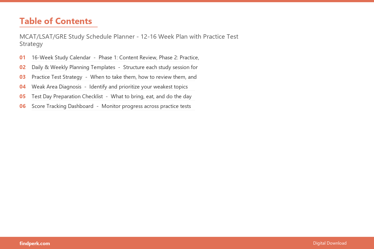 MCAT/LSAT/GRE Study Schedule Planner - 12-16 Week Plan with Practice Test Strategy - Table of Contents