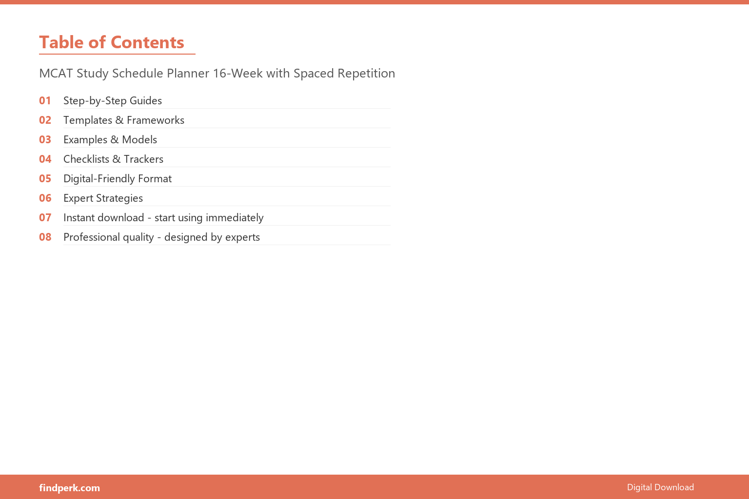 MCAT Study Schedule Planner 16-Week with Spaced Repetition - Table of Contents