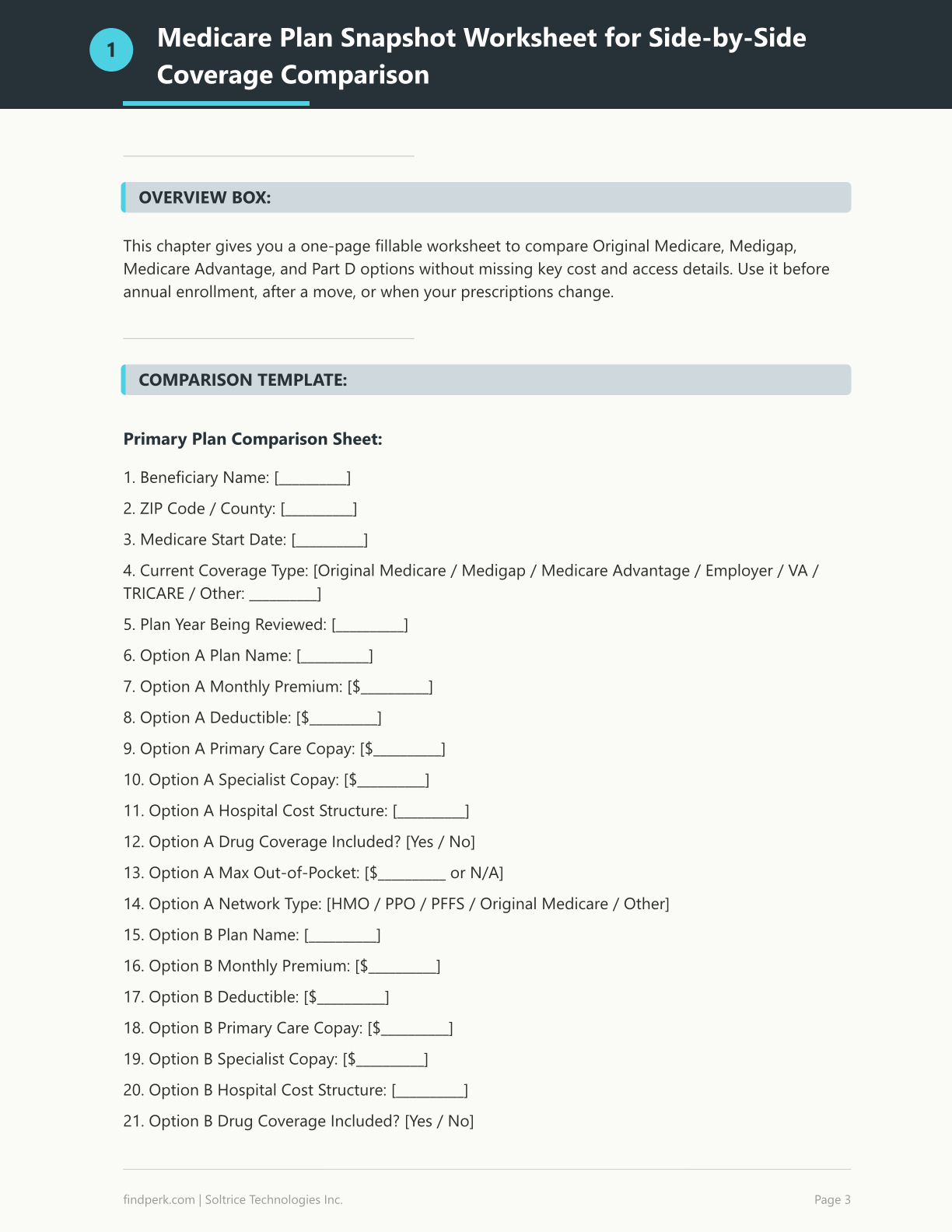 Medicare and Insurance Comparison Worksheet