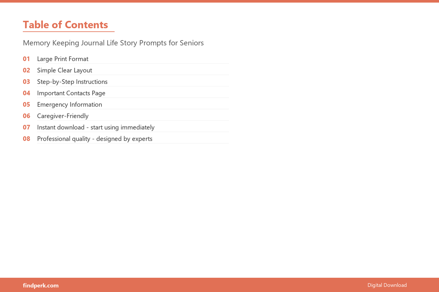 Memory Keeping Journal Life Story Prompts for Seniors - Table of Contents