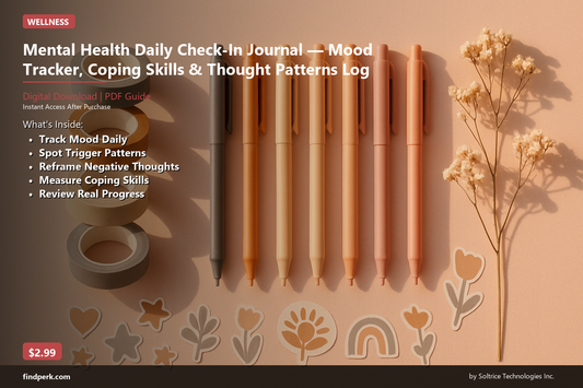 Mental Health Daily Check-In Journal — Mood Tracker, Coping Skills & Thought Patterns Log