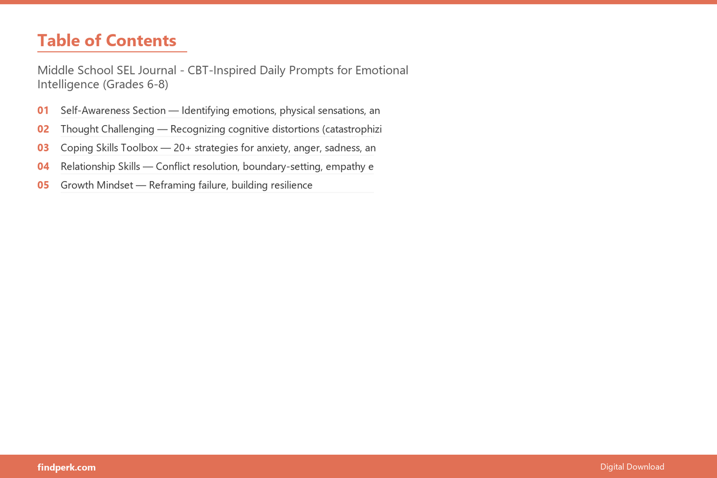 Middle School SEL Journal - CBT-Inspired Daily Prompts for Emotional Intelligence (Grades 6-8) - Table of Contents