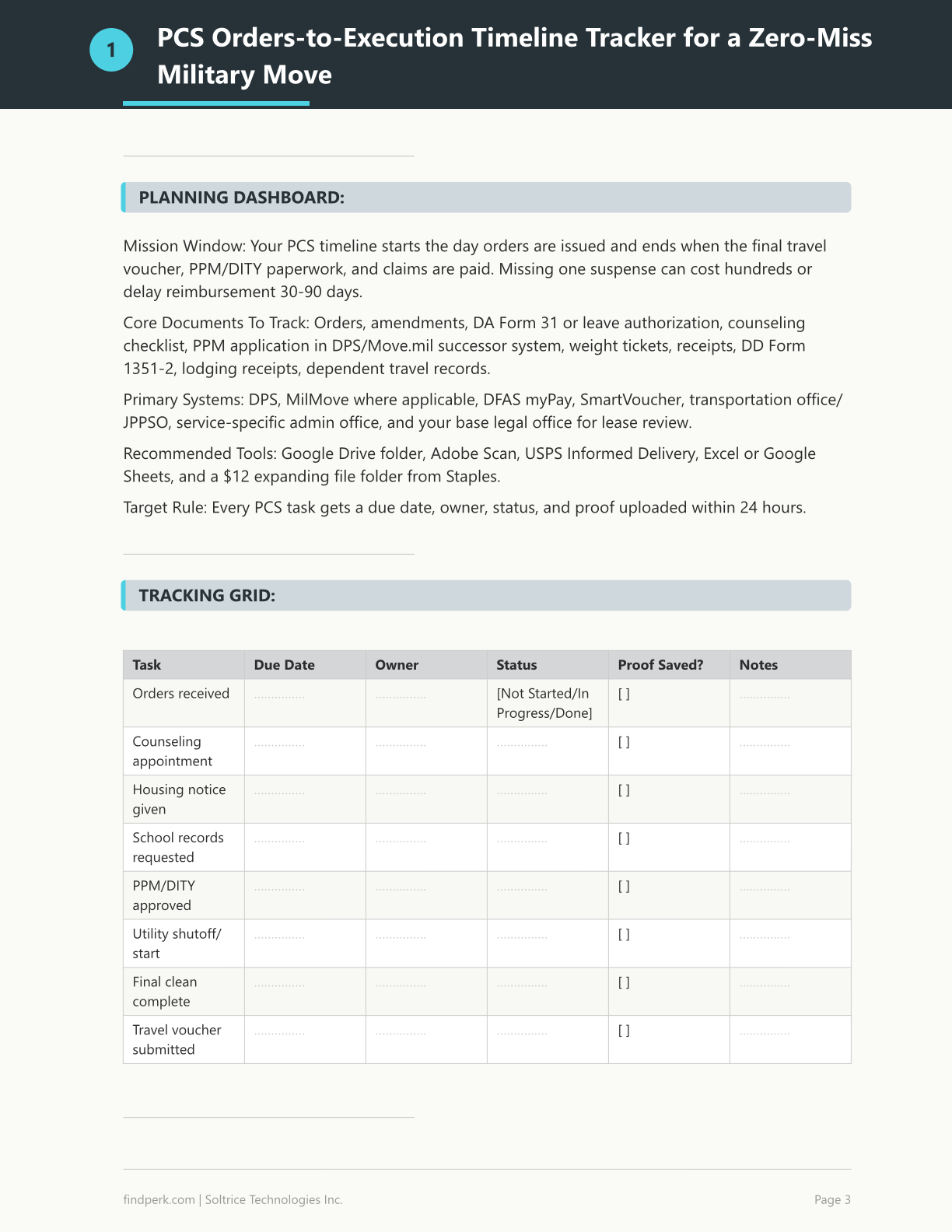 Military PCS Move Master Checklist with DITY Weight Estimator and Reimbursement Tracker