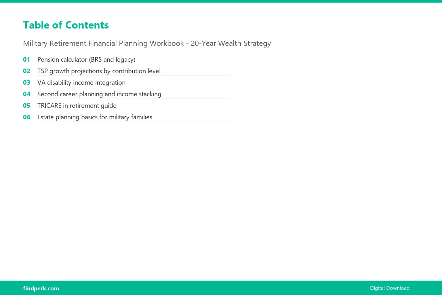 Military Retirement Financial Planning Workbook - 20-Year Wealth Strategy - Table of Contents