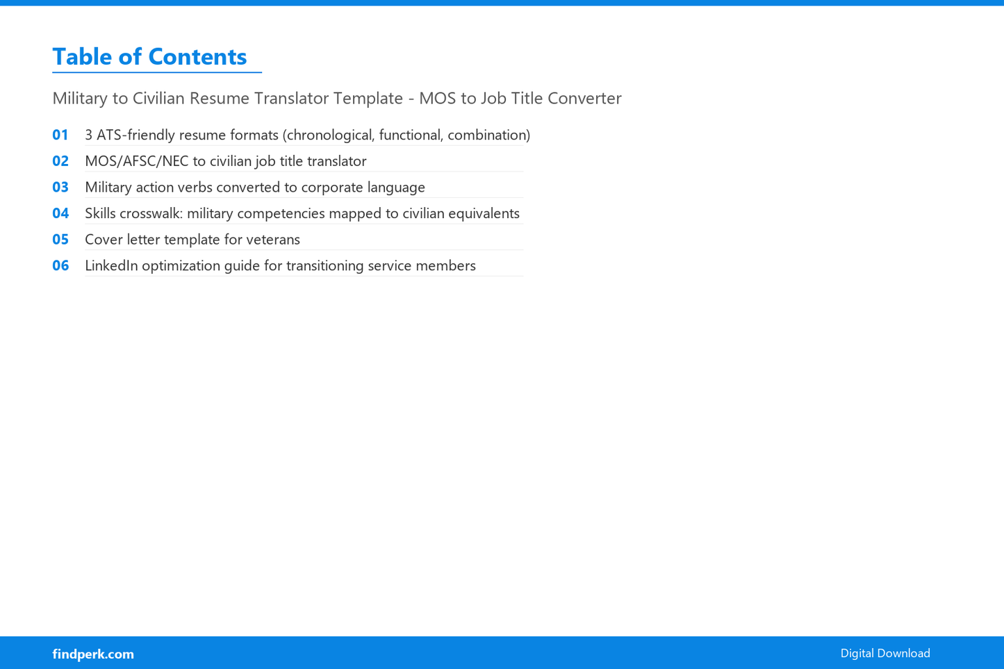 Military to Civilian Resume Translator Template - MOS to Job Title Converter - Table of Contents