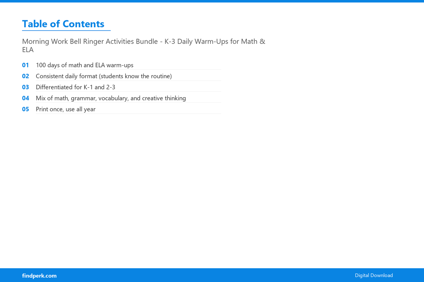 Morning Work Bell Ringer Activities Bundle - K-3 Daily Warm-Ups for Math & ELA - Table of Contents