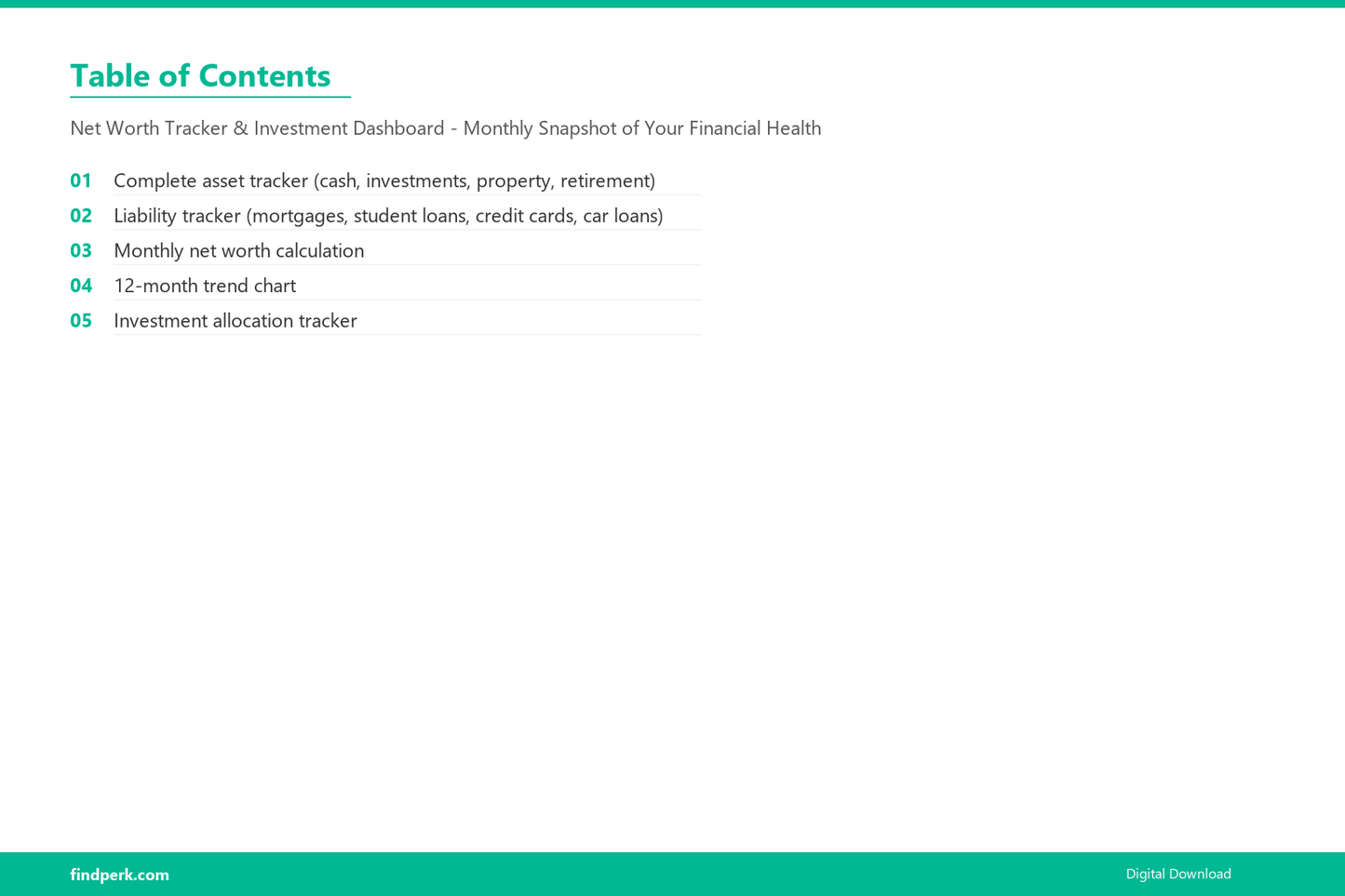 Net Worth Tracker & Investment Dashboard - Monthly Snapshot of Your Financial Health - Table of Contents