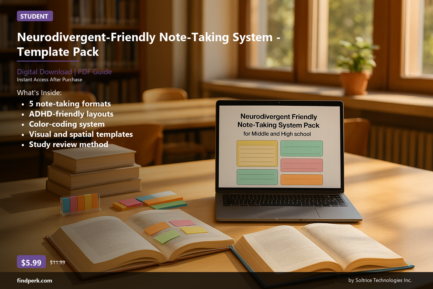 Neurodivergent-Friendly Note-Taking System Template Pack for Middle and High School