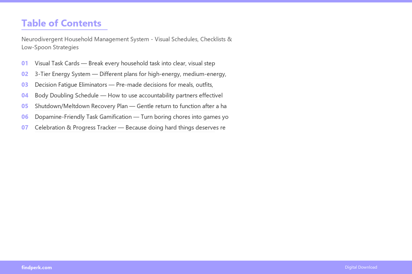 Neurodivergent Household Management System - Visual Schedules, Checklists & Low-Spoon Strategies - Table of Contents