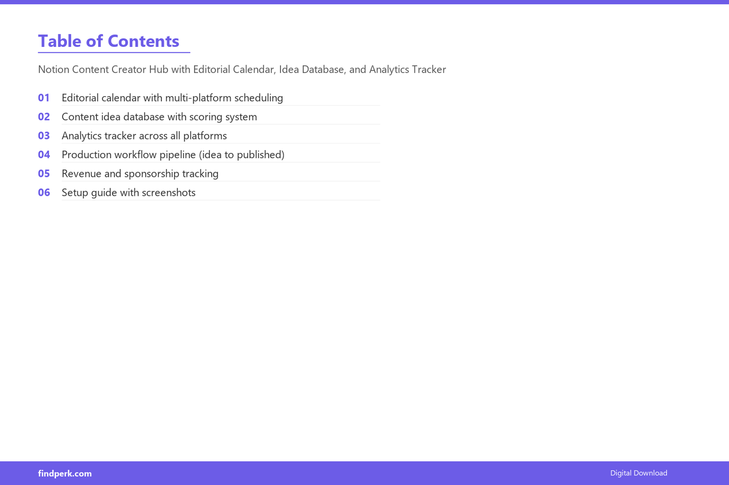 Notion Content Creator Hub with Editorial Calendar, Idea Database, and Analytics Tracker - Table of Contents
