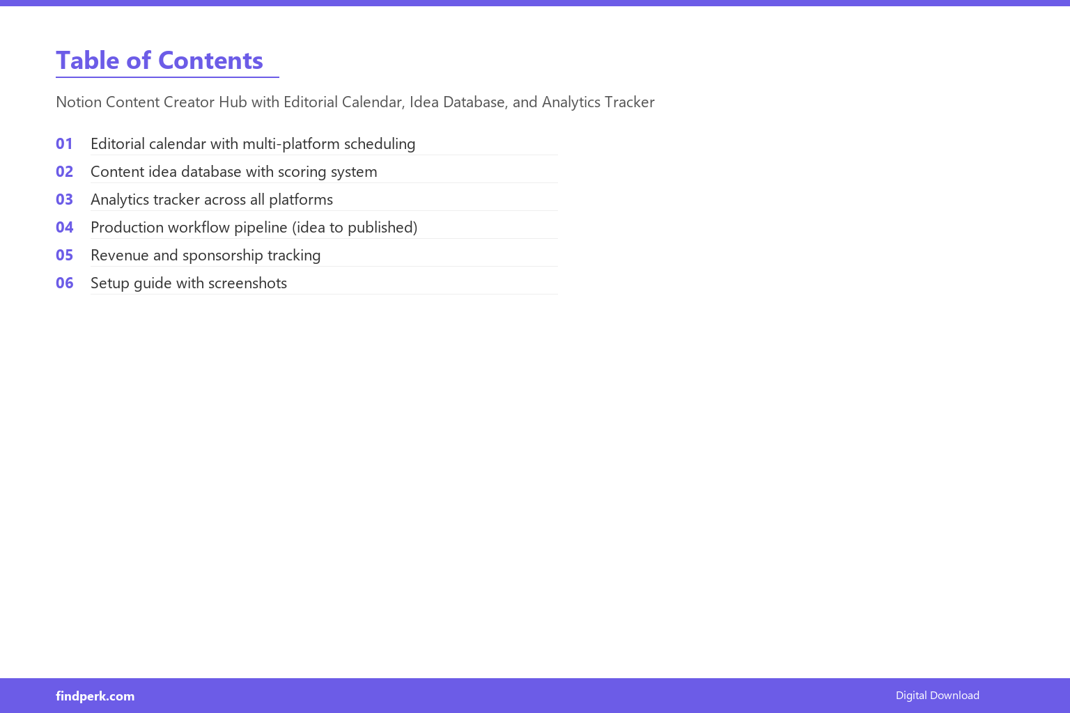 Notion Content Creator Hub with Editorial Calendar, Idea Database, and Analytics Tracker - Table of Contents