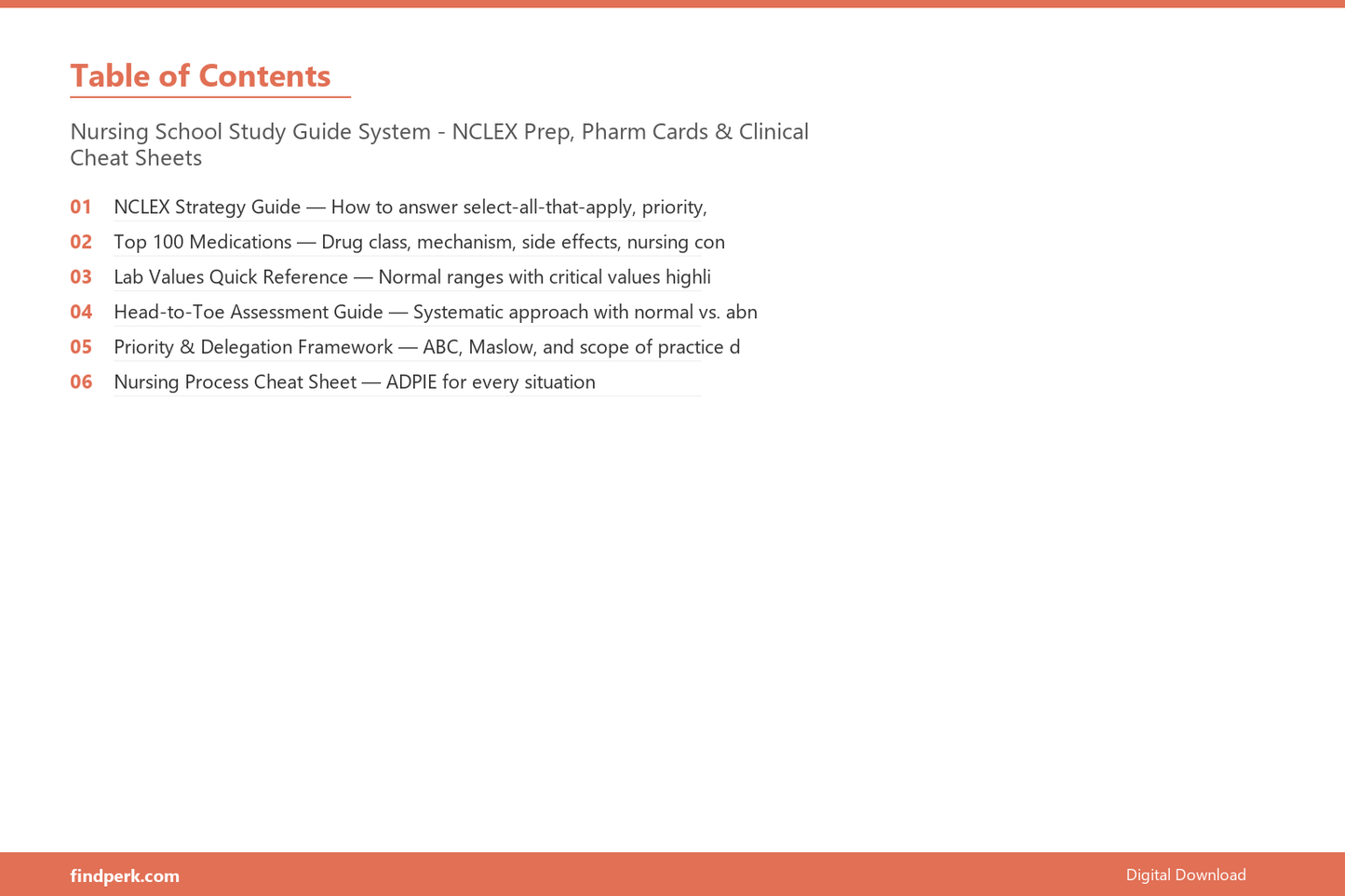 Nursing School Study Guide System - NCLEX Prep, Pharm Cards & Clinical Cheat Sheets - Table of Contents