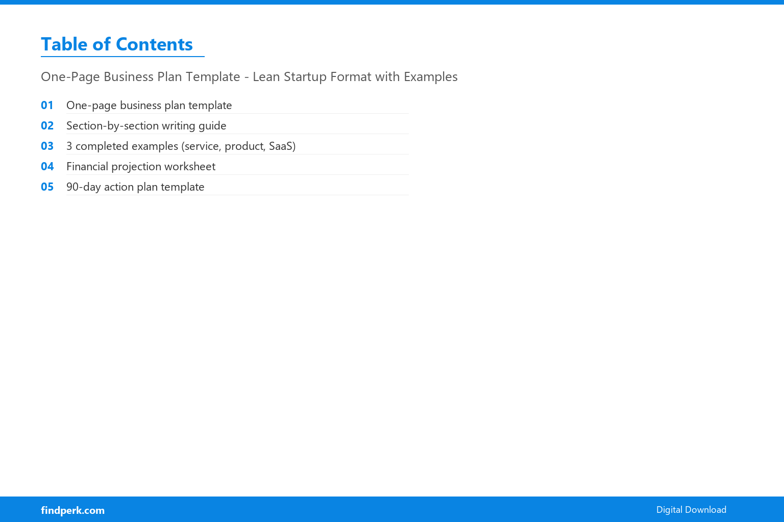 One-Page Business Plan Template - Lean Startup Format with Examples - Table of Contents