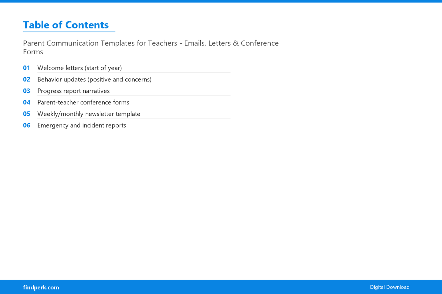 Parent Communication Templates for Teachers - Emails, Letters & Conference Forms - Table of Contents