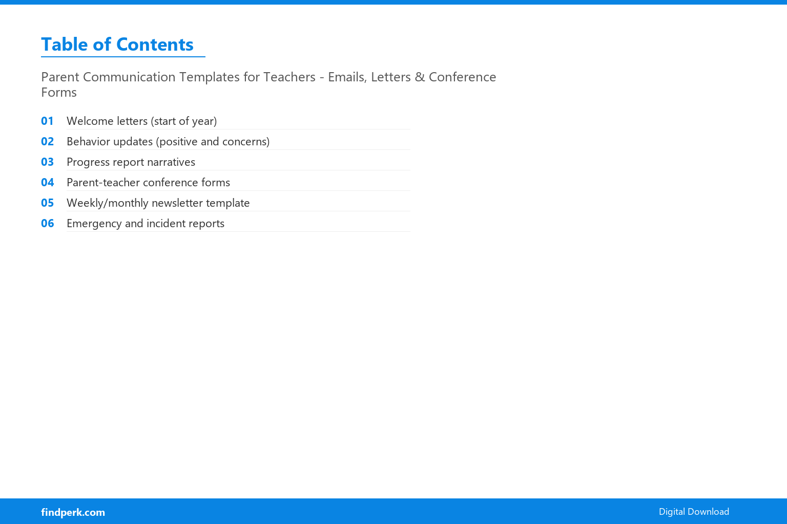 Parent Communication Templates for Teachers - Emails, Letters & Conference Forms - Table of Contents
