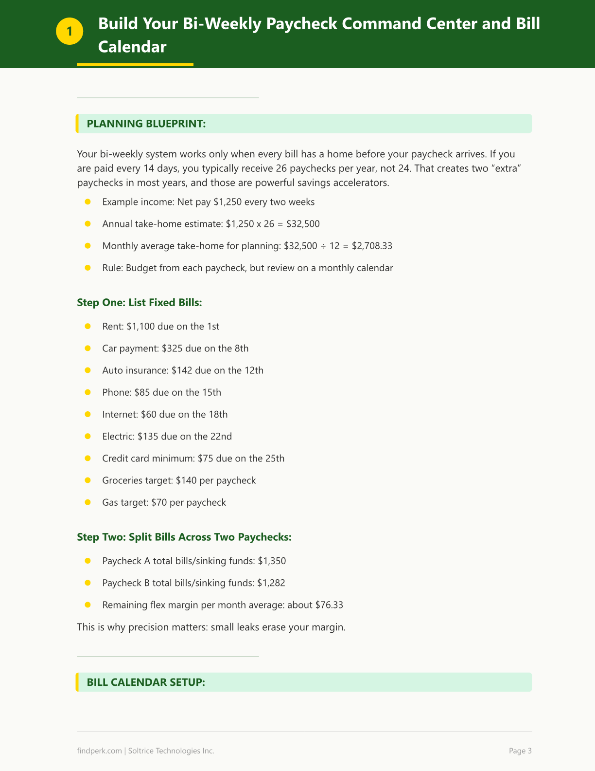 Paycheck Budget Breakdown Bi-Weekly Bill Calendar