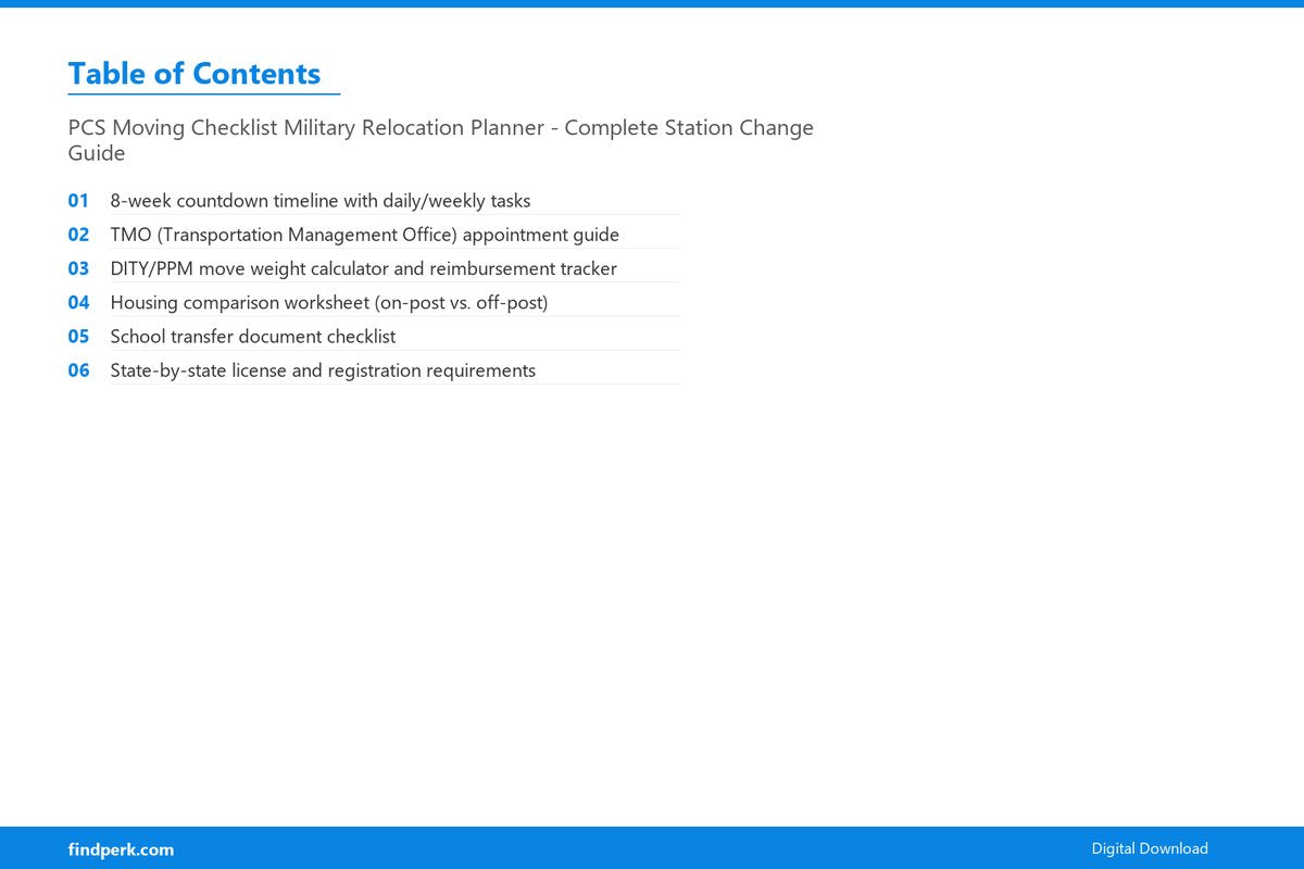 PCS Moving Checklist Military Relocation Planner - Complete Station Change Guide - Table of Contents