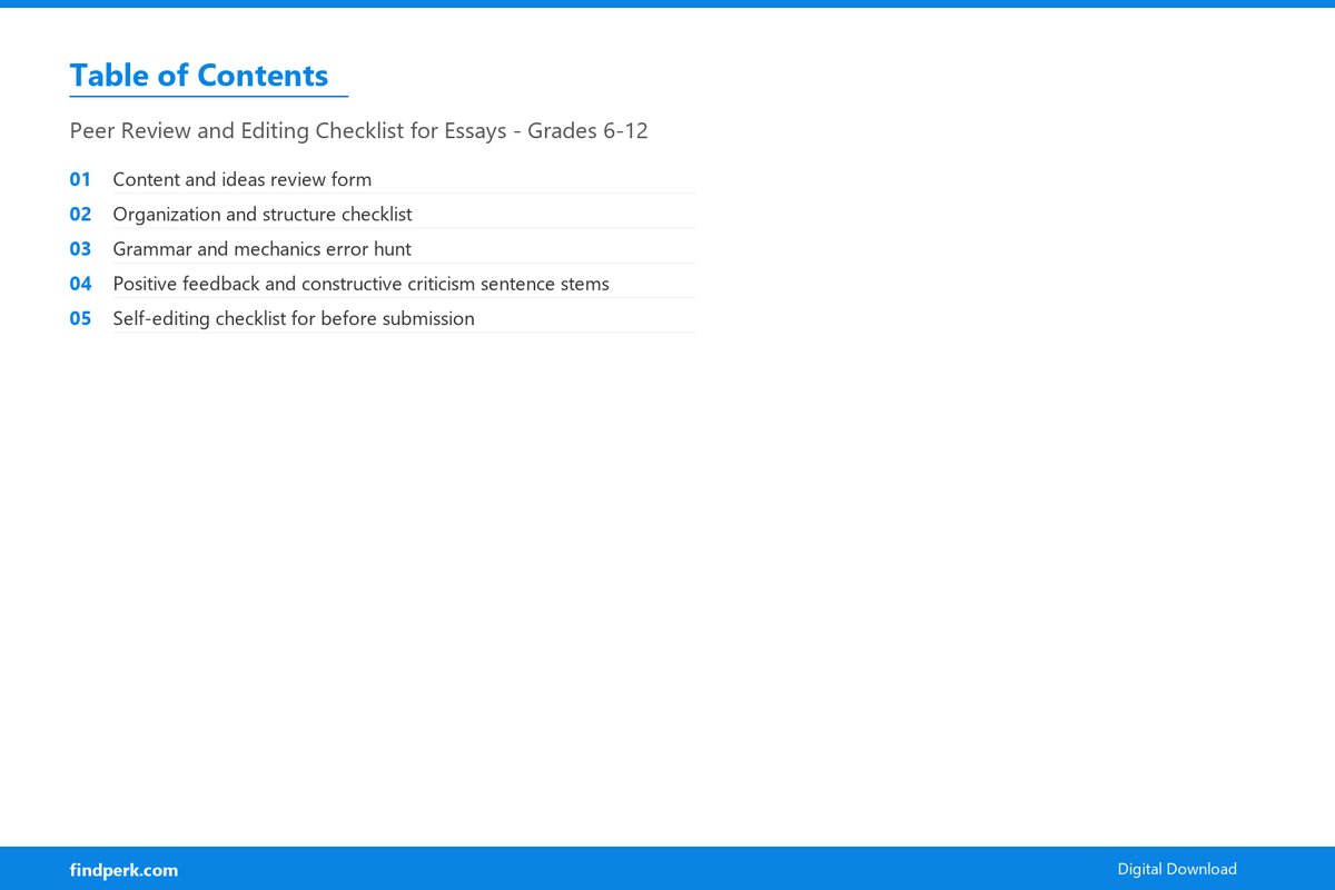 Peer Review and Editing Checklist for Essays - Grades 6-12 - Table of Contents
