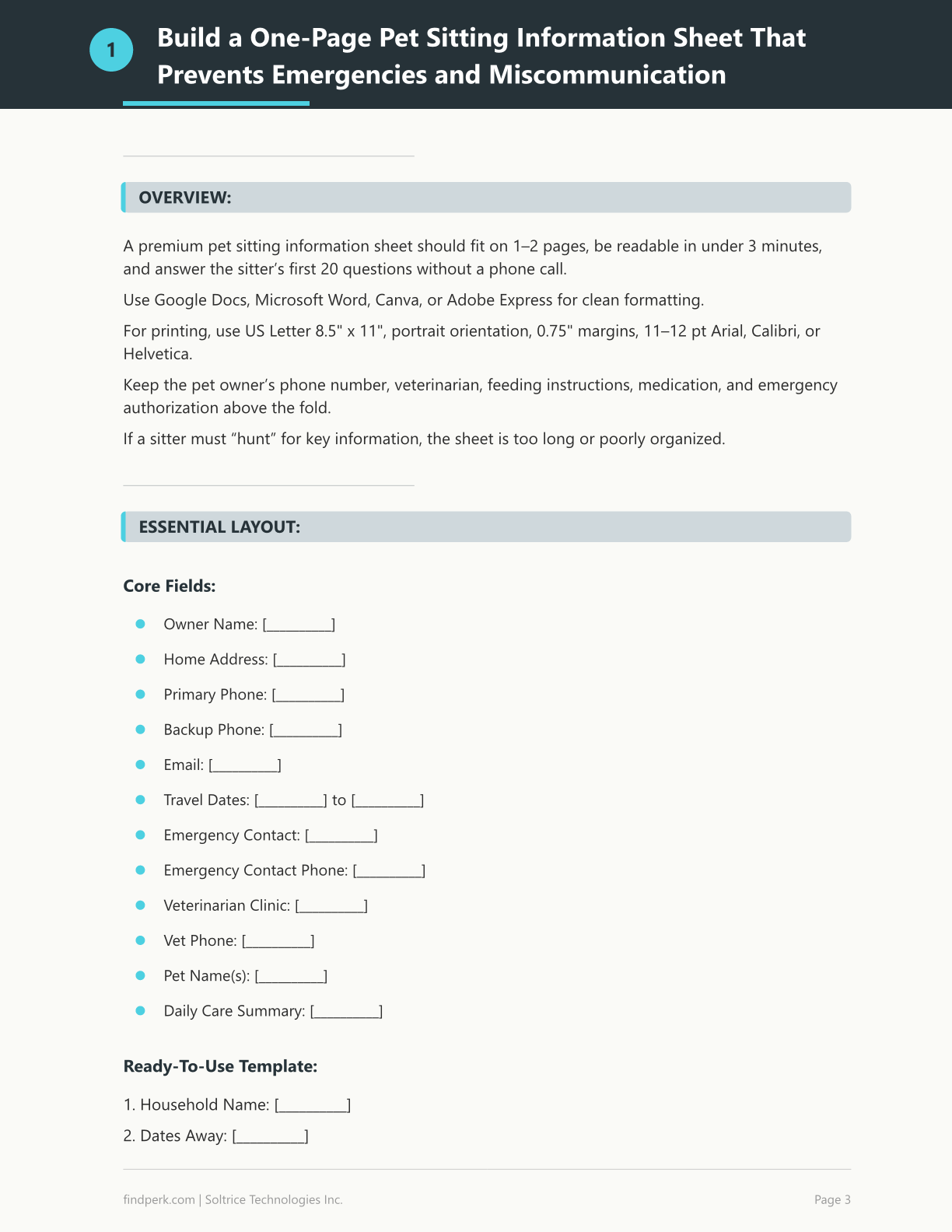 Pet Sitting Information Sheet Instructions Template