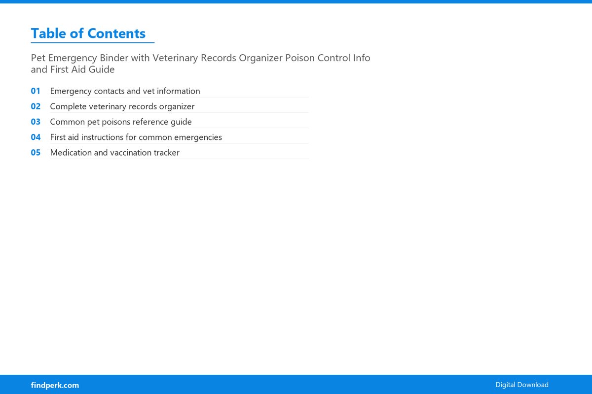 Pet Emergency Binder with Veterinary Records Organizer Poison Control Info and First Aid Guide - Table of Contents