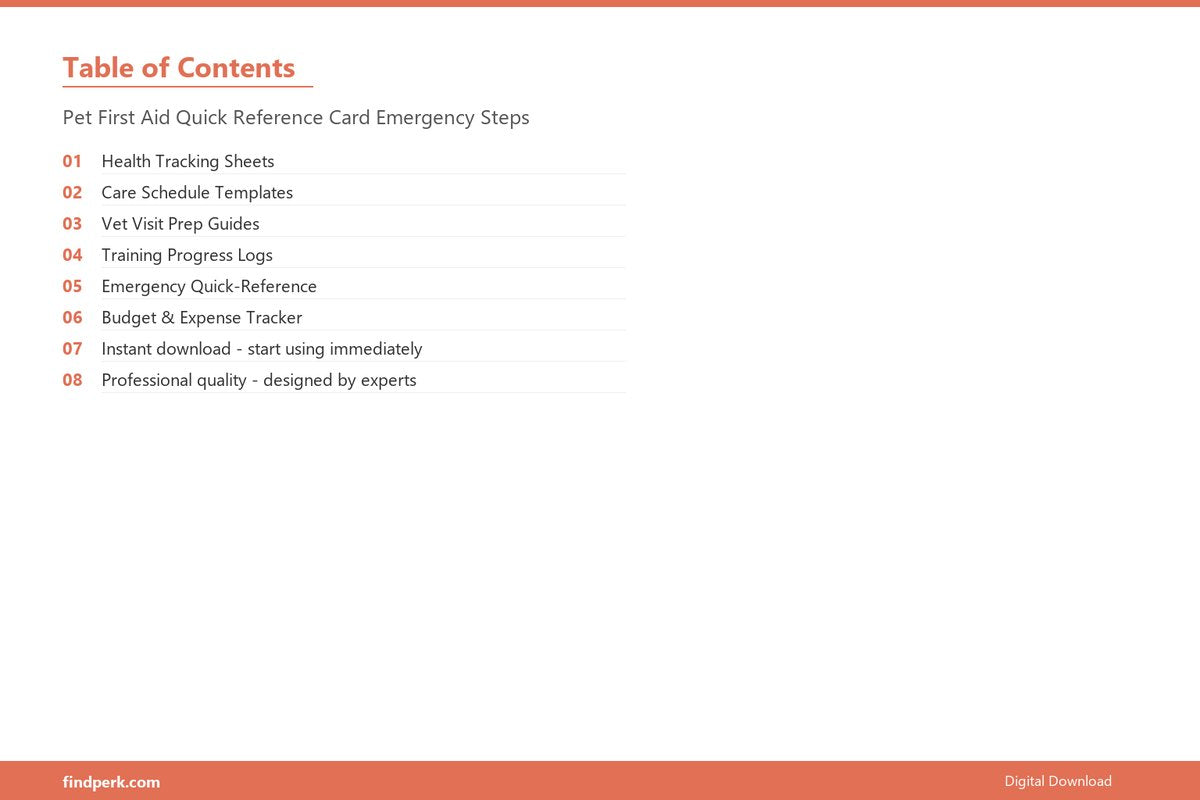 Pet First Aid Quick Reference Card Emergency Steps - Table of Contents