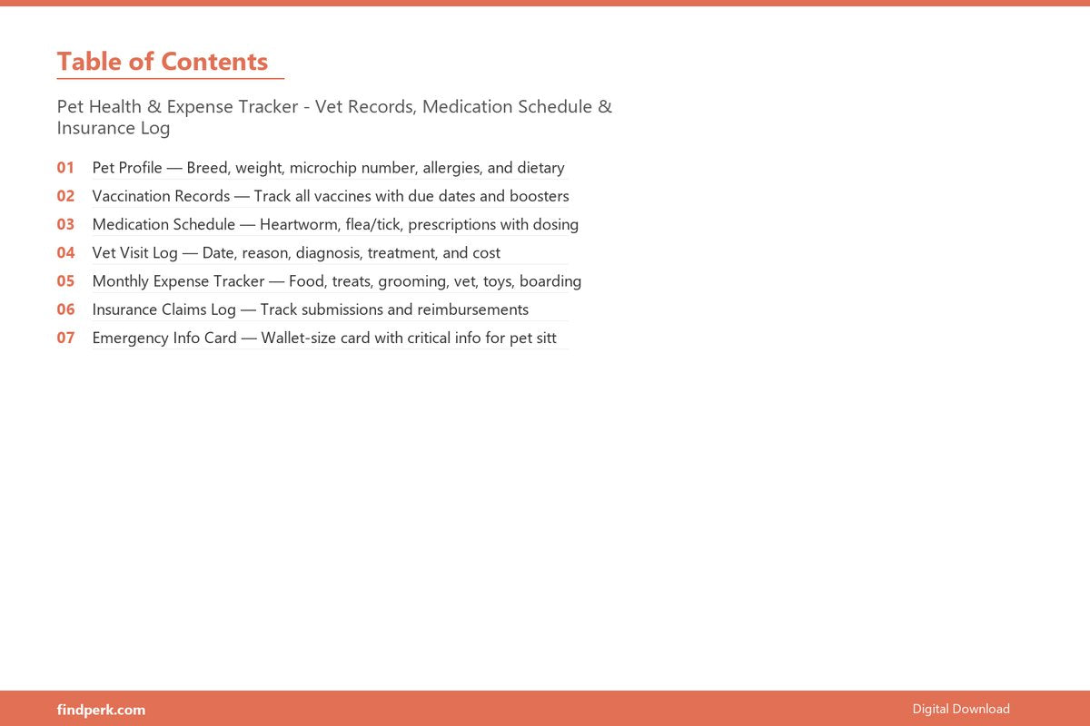 Pet Health & Expense Tracker - Vet Records, Medication Schedule & Insurance Log - Table of Contents