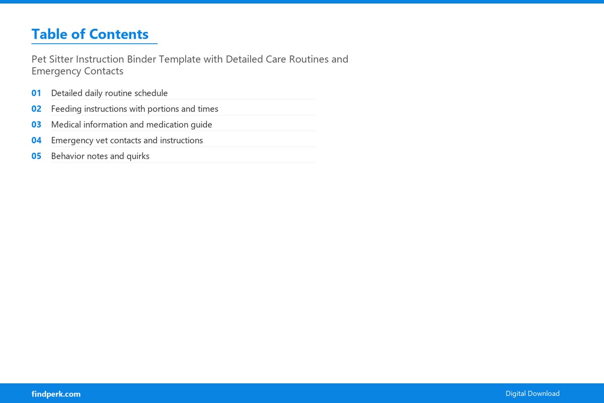 Pet Sitter Instruction Binder Template with Detailed Care Routines and Emergency Contacts - Table of Contents