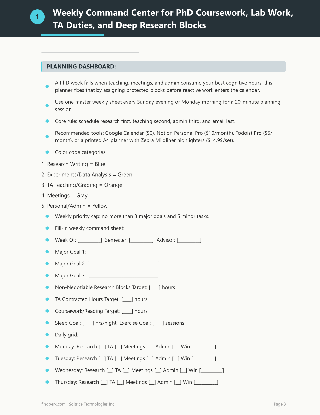 PhD Candidate Weekly Planner with Teaching Assistant Hour Tracker and Research Log