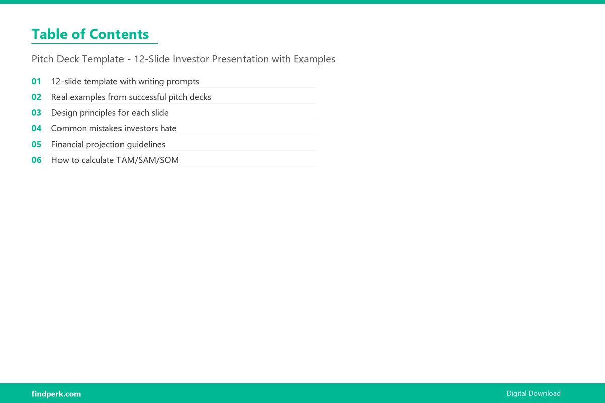 Pitch Deck Template - 12-Slide Investor Presentation with Examples - Table of Contents