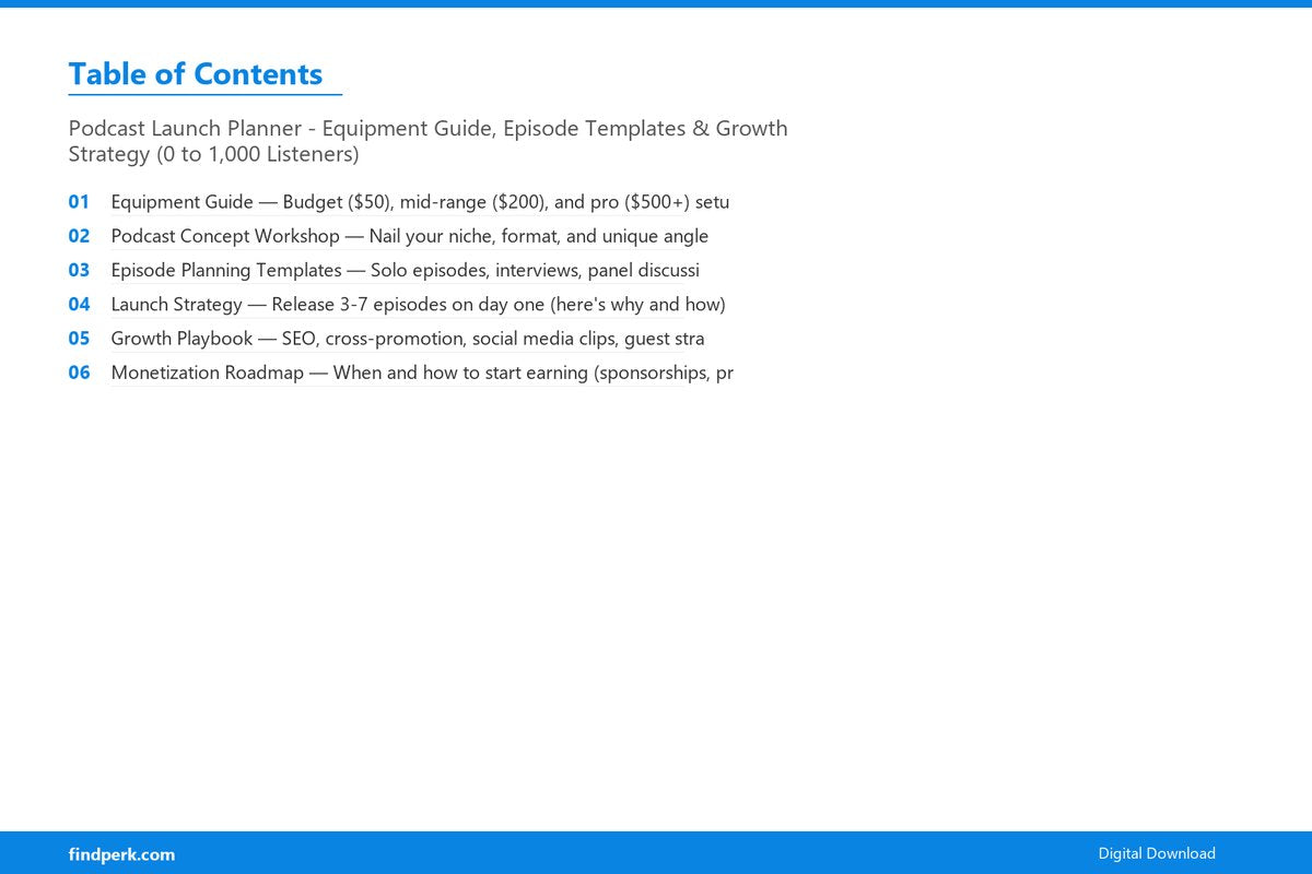 Podcast Launch Planner - Equipment Guide, Episode Templates & Growth Strategy (0 to 1,000 Listeners) - Table of Contents