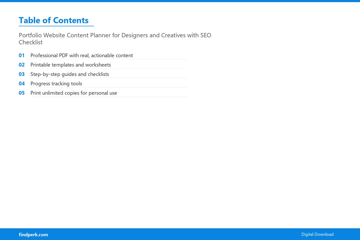 Portfolio Website Content Planner for Designers and Creatives with SEO Checklist - Table of Contents