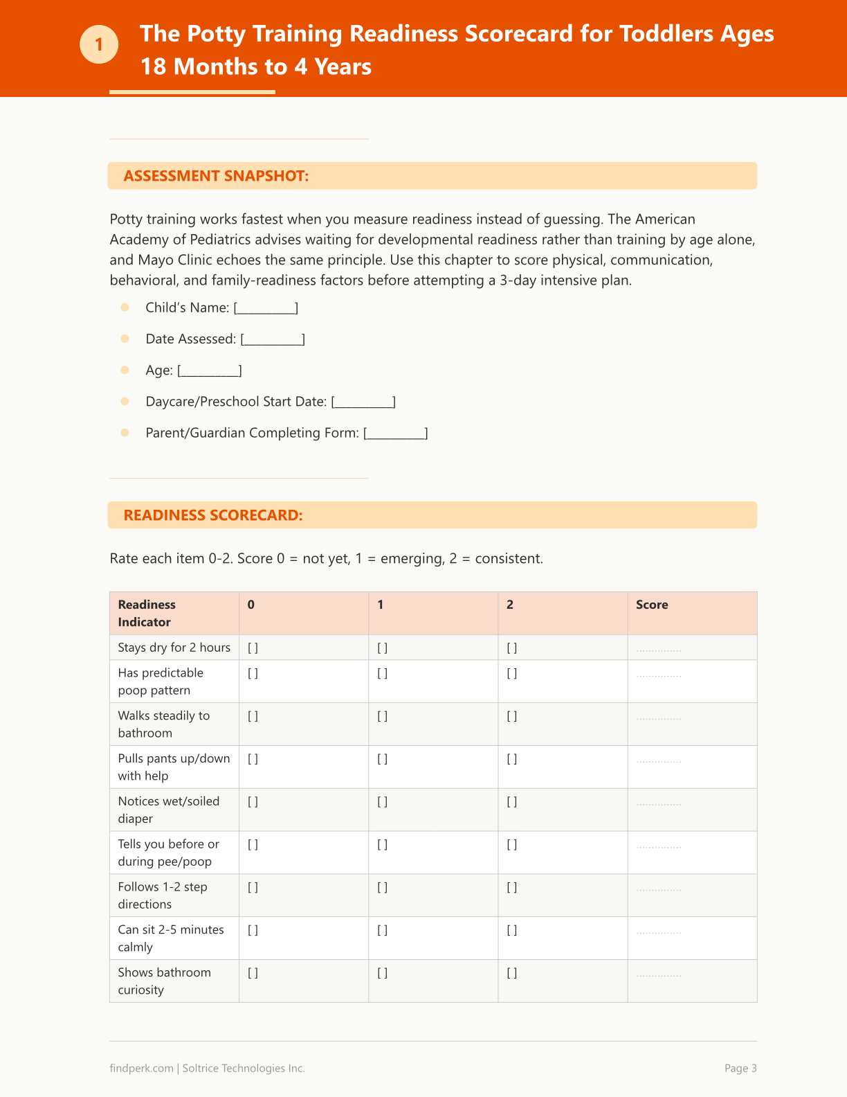 Potty Training Readiness Assessment and 3-Day Method Planner with Reward Chart