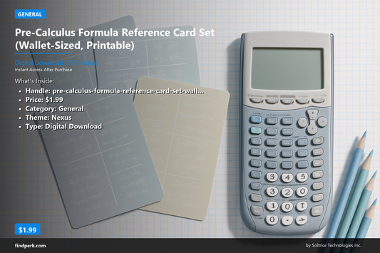 Pre-Calculus Formula Reference Card Set (Wallet-Sized, Printable)