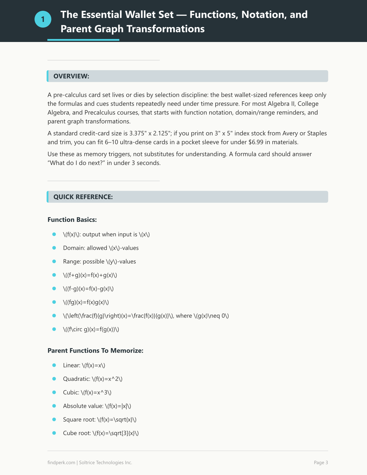 Pre-Calculus Formula Reference Card Set (Wallet-Sized, Printable)