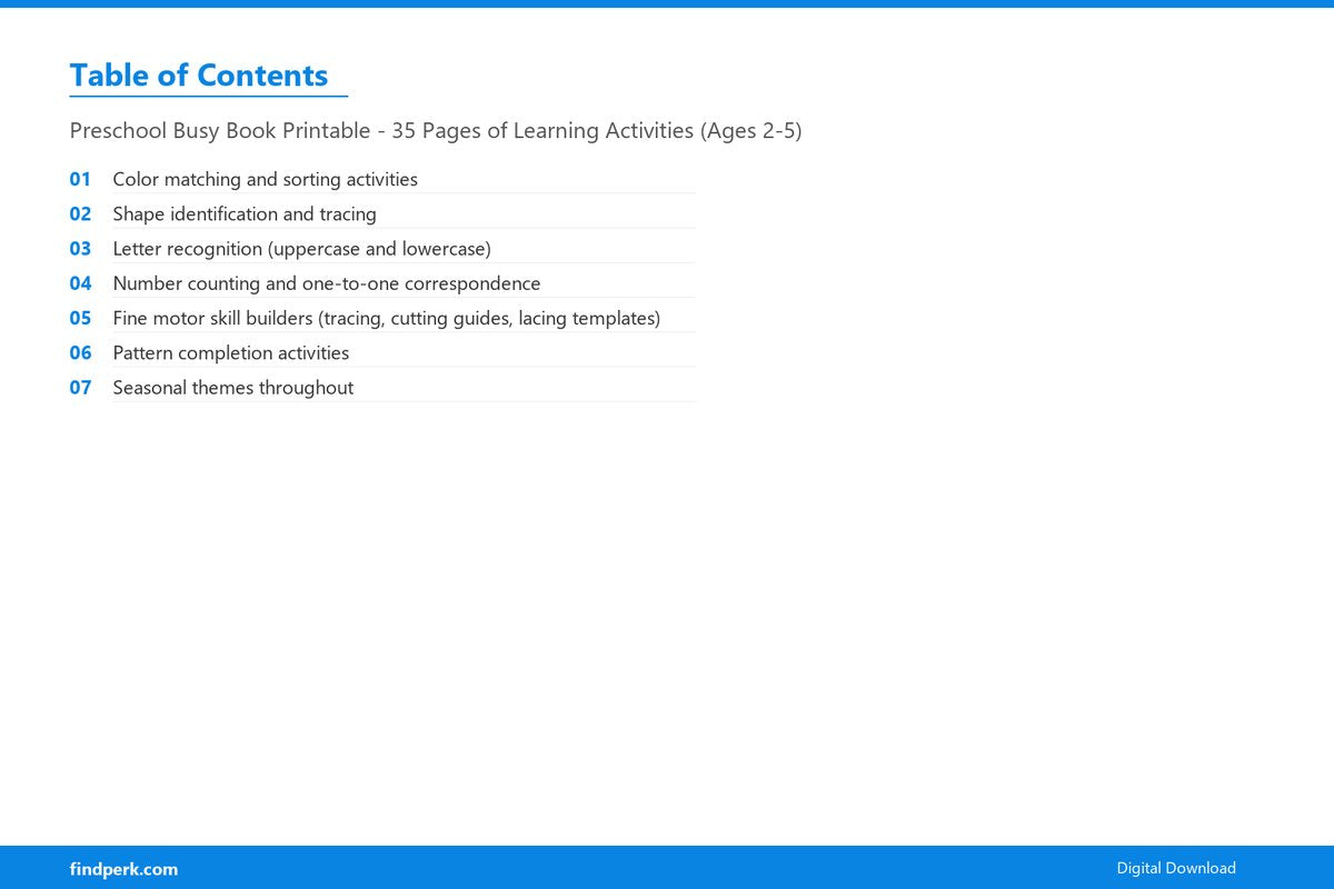 Preschool Busy Book Printable - 35 Pages of Learning Activities (Ages 2-5) - Table of Contents