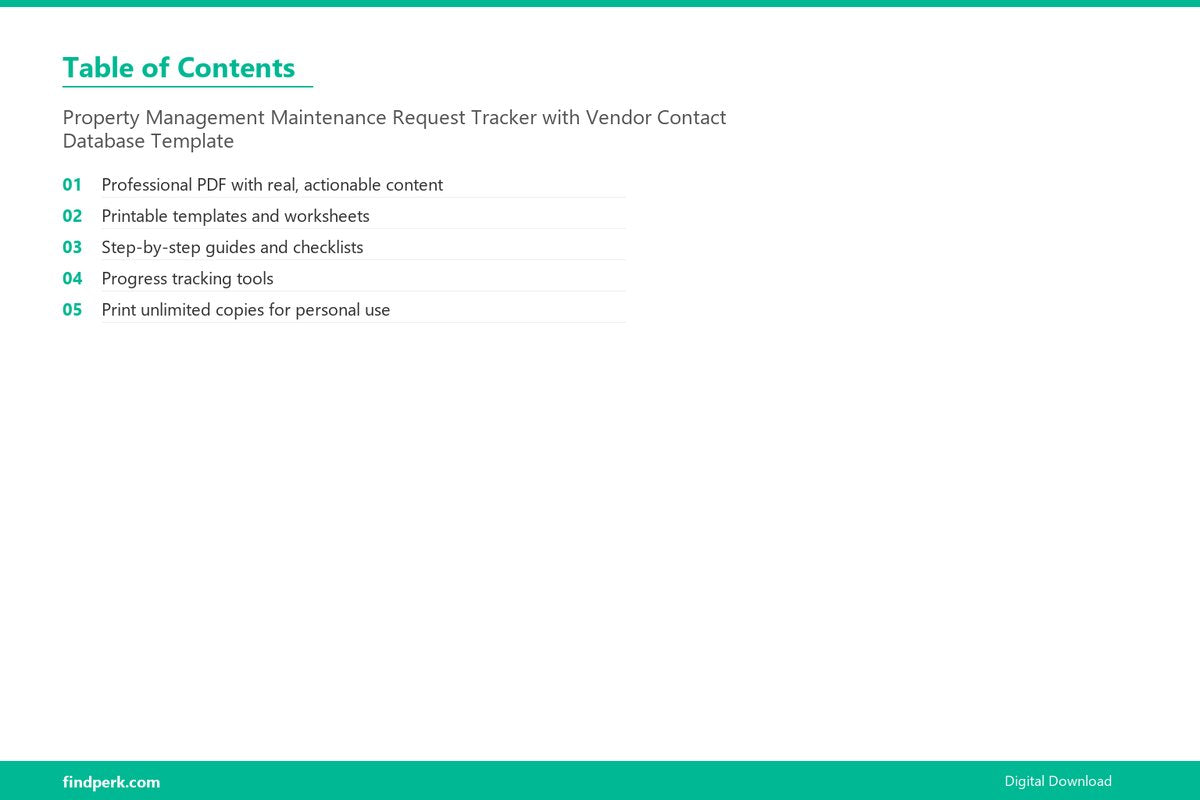 Property Management Maintenance Request Tracker with Vendor Contact Database Template - Table of Contents