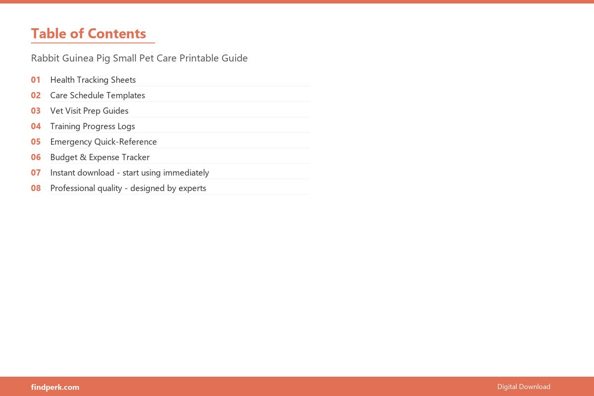 Rabbit Guinea Pig Small Pet Care Printable Guide - Table of Contents