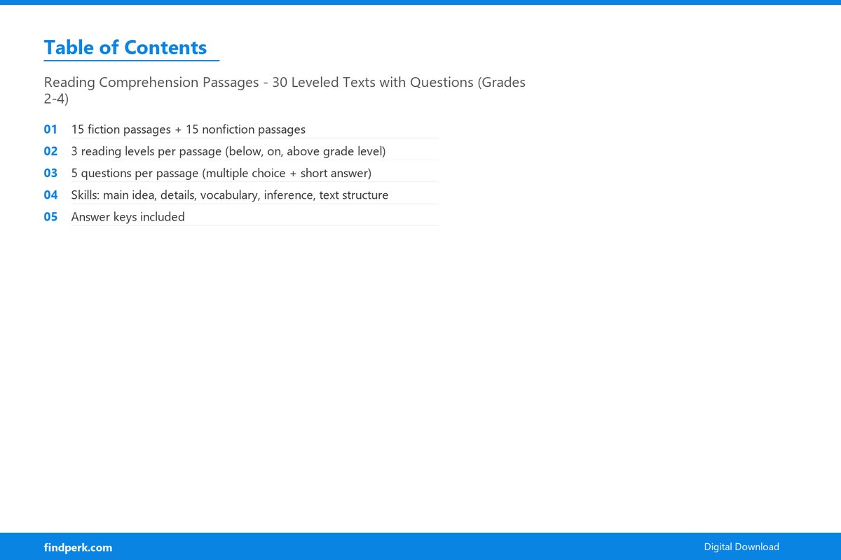 Reading Comprehension Passages - 30 Leveled Texts with Questions (Grades 2-4) - Table of Contents
