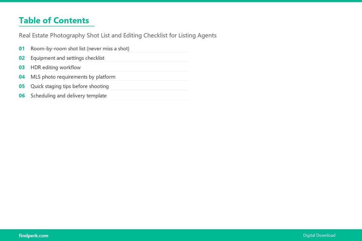Real Estate Photography Shot List and Editing Checklist for Listing Agents - Table of Contents