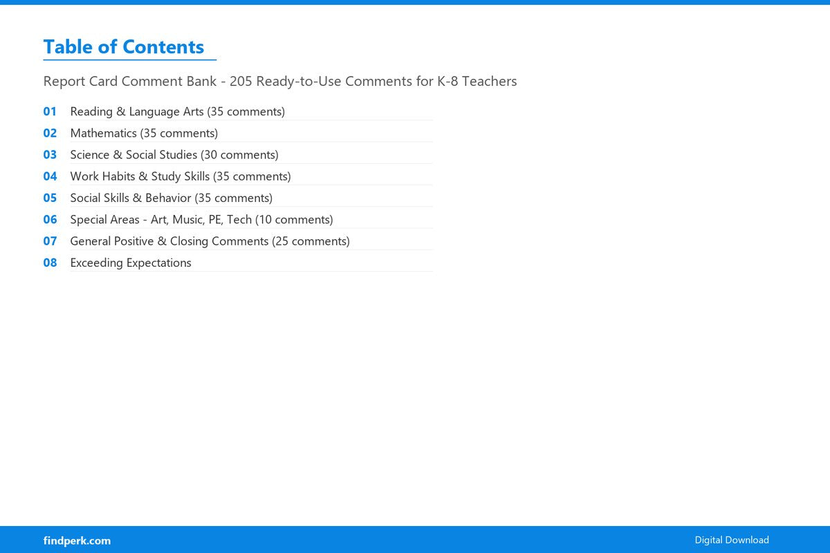 Report Card Comment Bank - 205 Ready-to-Use Comments for K-8 Teachers - Table of Contents